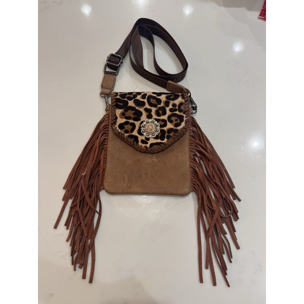 Montana West Leopard Print Fringe Crossbody Bag Western Concho Brown Purse Boho